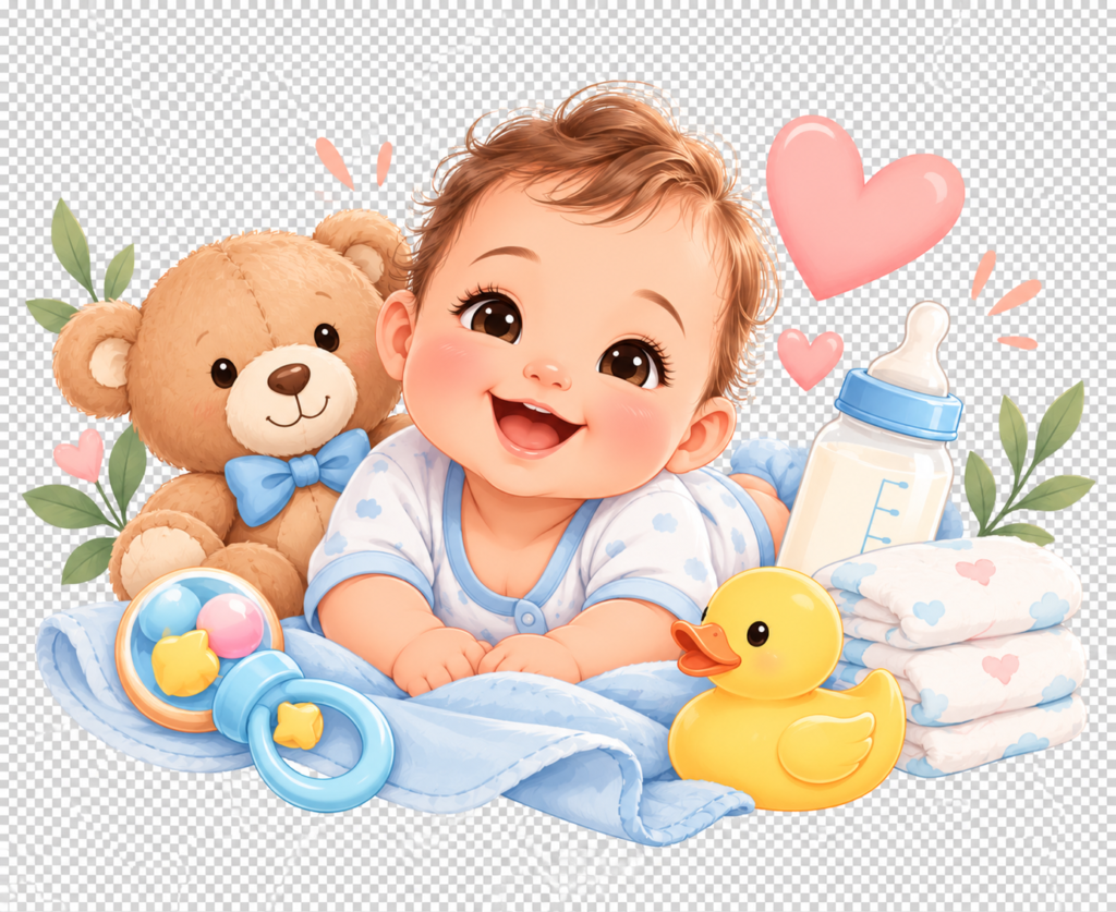 Bebê sorrindo cercado por itens de cuidados